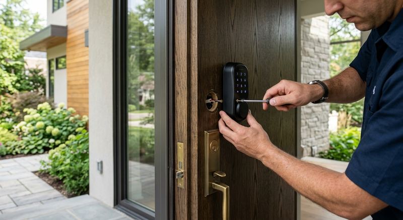 Smart lock keypad being installed on residential front door