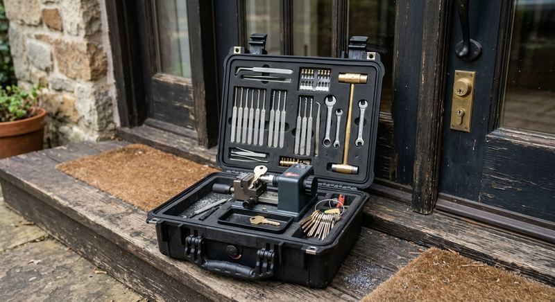 Locksmith tool kit with lock picks and key cutting equipment