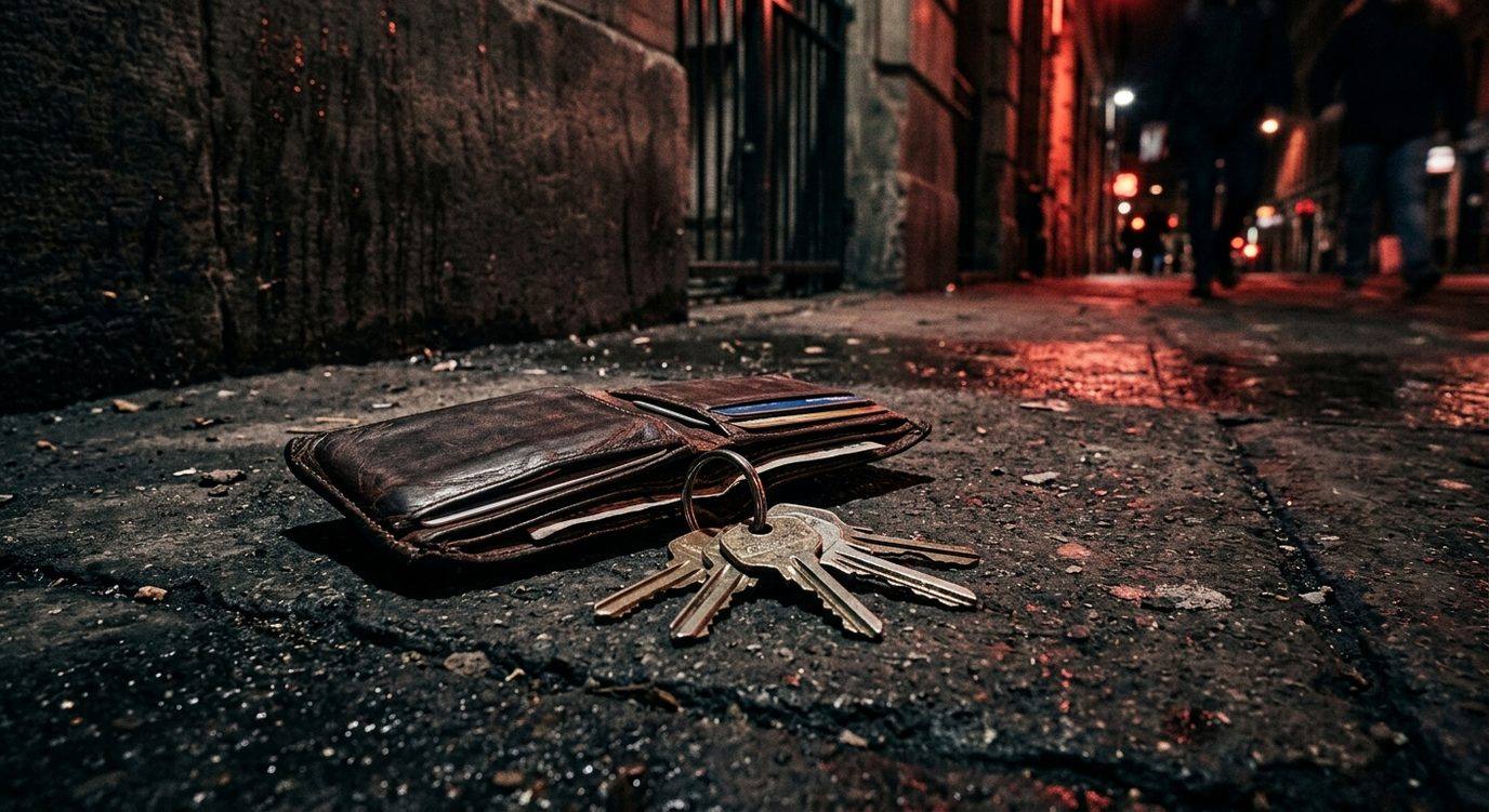Stolen wallet with house keys on sidewalk, urgent security situation